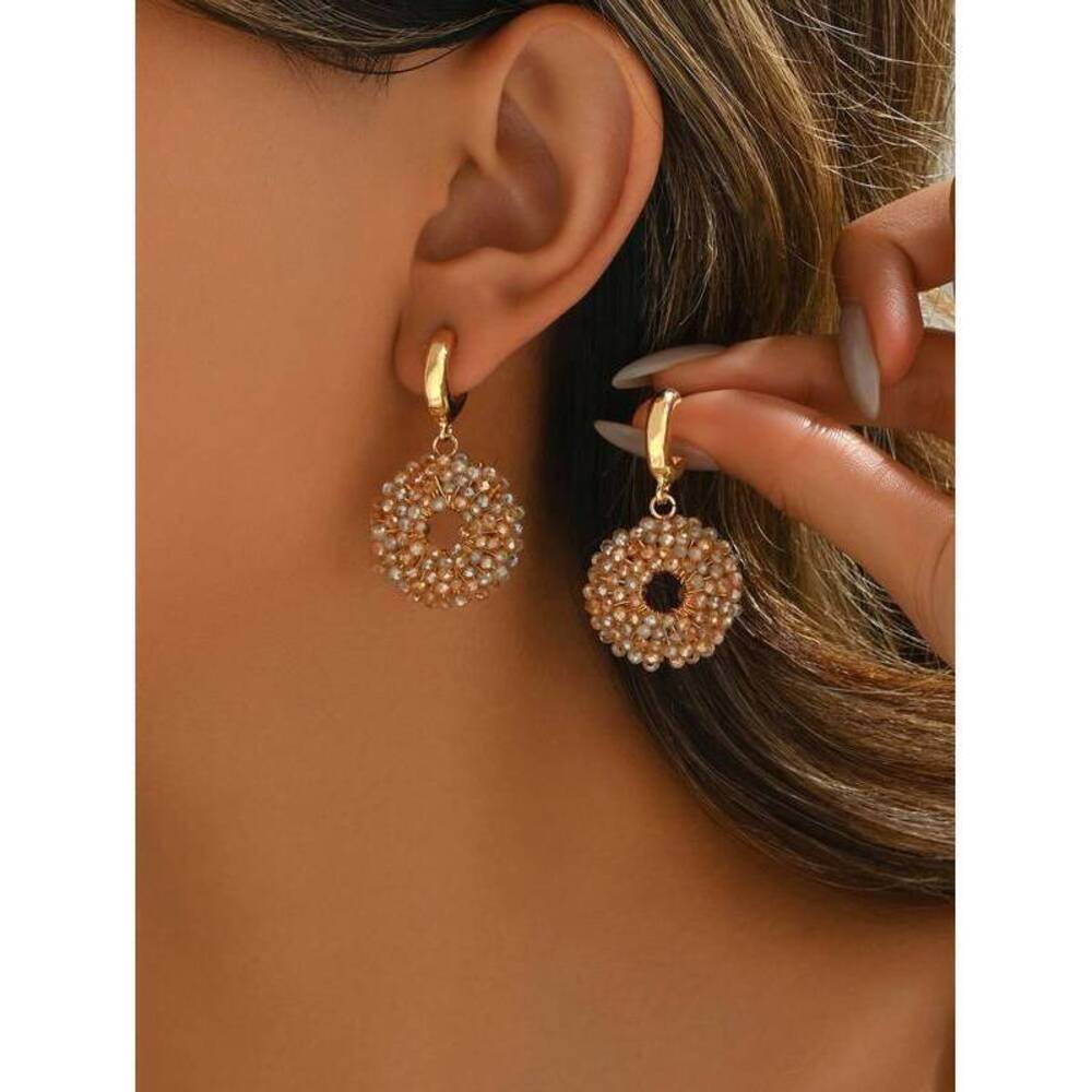 Luxury Handmade Woven Crystal Geometric Hoop Earrings, Champagne Color, E